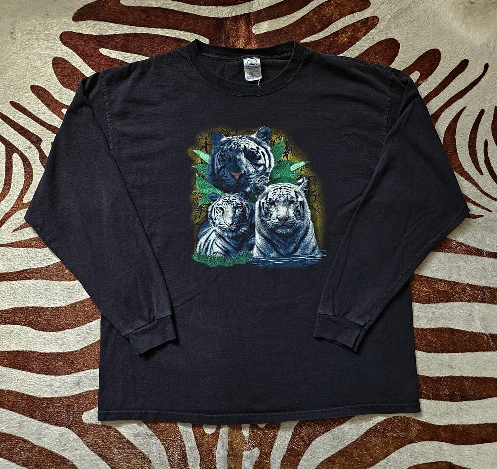 Vintage Y2K White Tiger Animal Print Serbian Bengal L Long Sleeve Shirt Navy Blu